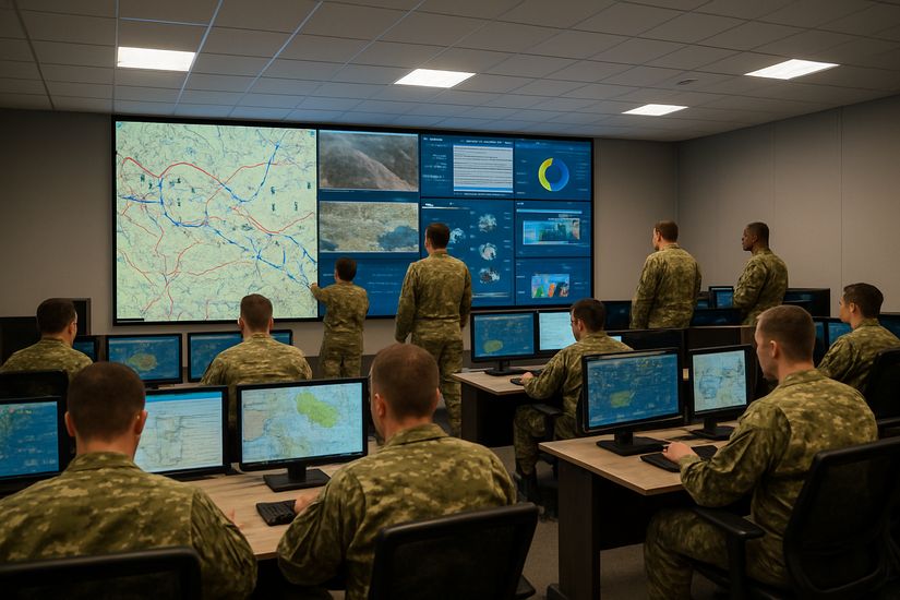 Military briefing room with soldiers analyzing data on large LED display wall for government command center